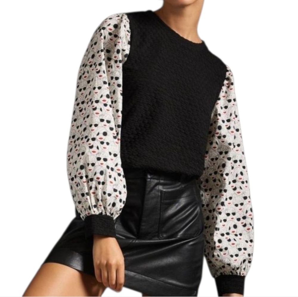 Anthropologie Black Textured Pullover with Printed Balloon Sleeves